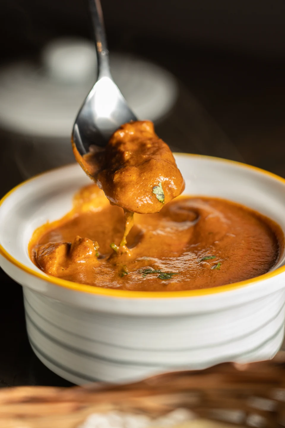 A spoon lifting curry from a serving bowl